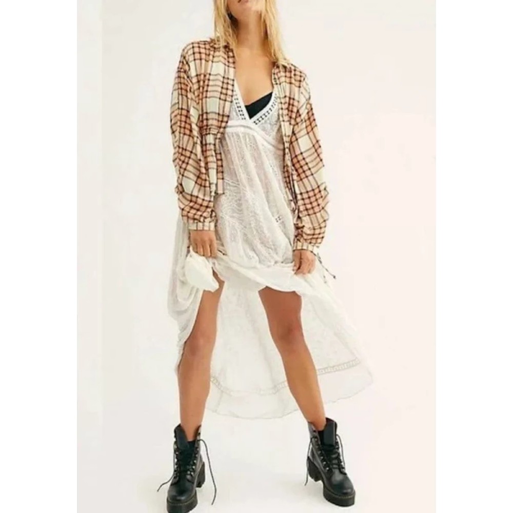 Free People NWT Pacific Dawn Plaid Shirt Snap Front Closure Drawstring Peach New
